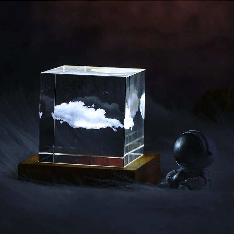 Crystal 3D Galaxy Starry Sky Cube 4/6 Cm Small Night Light Wooden Luminous Base