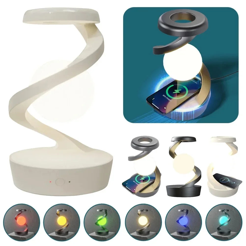 LED Moon Mood Light Suspended Rotating RGB Atmosphere Desk Lamp with Wireless Mobile Charging