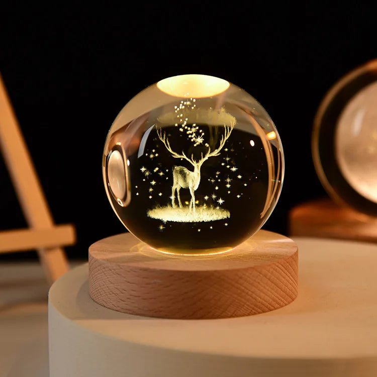 Crystal Ball Night Light Laser Engraved Birthday Gift Glass Sphere Home Desktop Decoration with Wooden USB Base