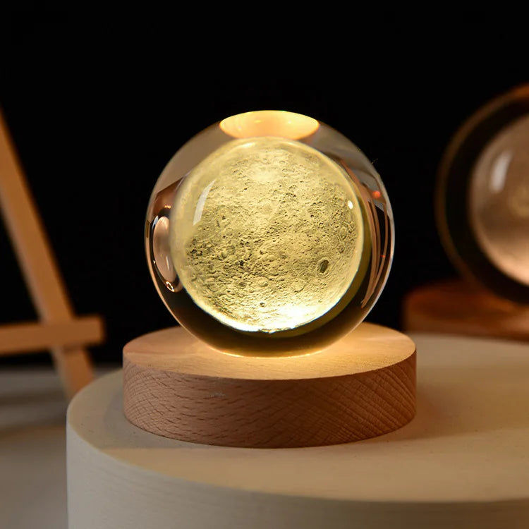 Crystal Ball Night Light Laser Engraved Birthday Gift Glass Sphere Home Desktop Decoration with Wooden USB Base