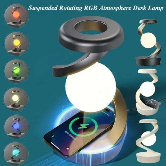 LED Moon Mood Light Suspended Rotating RGB Atmosphere Desk Lamp with Wireless Mobile Charging