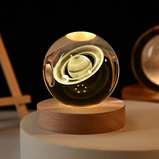 Crystal Ball Night Light Laser Engraved Birthday Gift Glass Sphere Home Desktop Decoration with Wooden USB Base