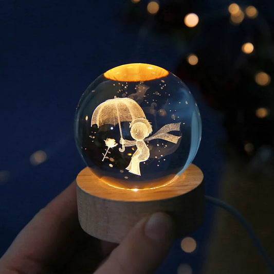 Crystal Ball Night Light Laser Engraved Birthday Gift Glass Sphere Home Desktop Decoration with Wooden USB Base